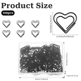 100 PCS Love Heart Shaped Paper Clips, Decorative Paper Clips, Heart Paper Clips, Stainless Steel Metal Paper Clamps, Black Cute Paperclips for Document, Note, Wedding Decoration, Crafts