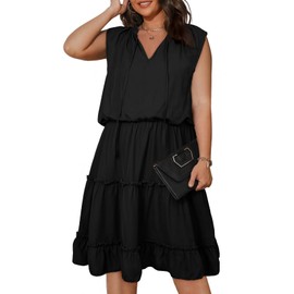 Eytino Plus Size Dress for Women V Neck Sleeveless Drawstrin Ruffle Layer Flowy Mini Short Dresses,2X Black