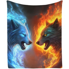 KAFFUL Wolf Gifts Blanket, Fire and Ice Wolf Blanket, Cool Wolf Gifts, Wolf Gifts for Men Boy Wolf Lovers, Wolf Birthday Gifts, Wolf, Plush Novelty Wolf Stuff, Blue Red Fire,80"x60"