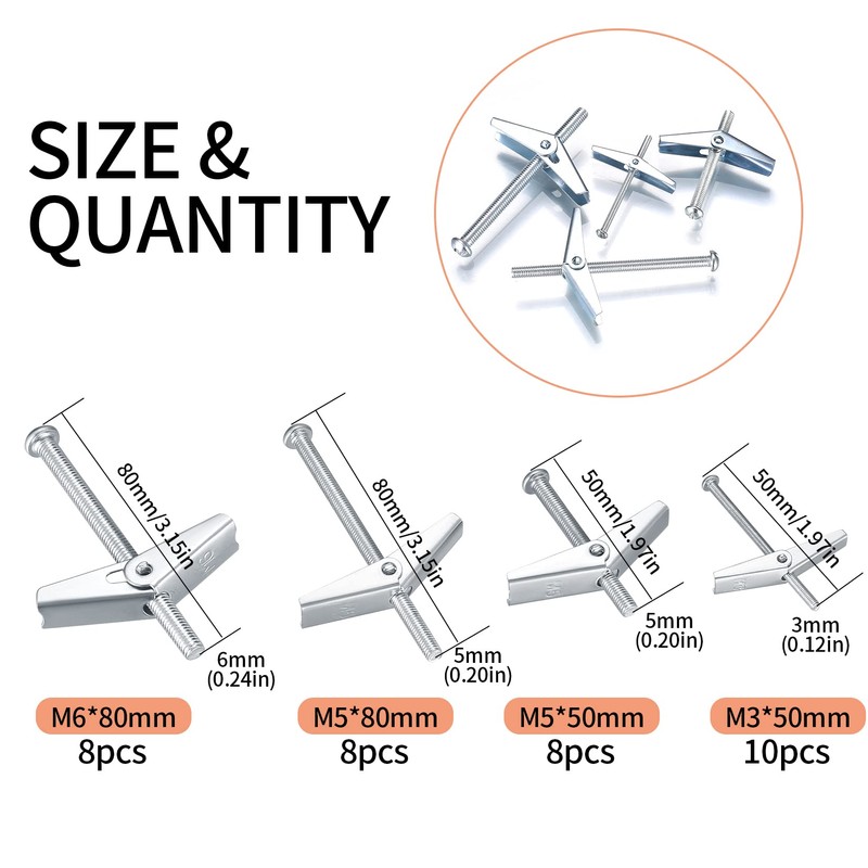 Pack of 34 Tilting Dowels, M3 M5 M6 Self-Drilling Plasterboard