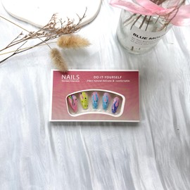 Colorful Press on Nails Almond Fake Nails Medium Length False Nails with Color Flame Star Dots Design Glossy Full Cover Color Blocks Stick on Nails Cute Spring Painting Glue on Nails for Women