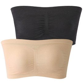 FULIER 2 Packs Women Bandeau Bra Padded Strapless Wireless Bralette Bra Seamless Bandeau Crop Tube Top Bra Bralette Black, Nude