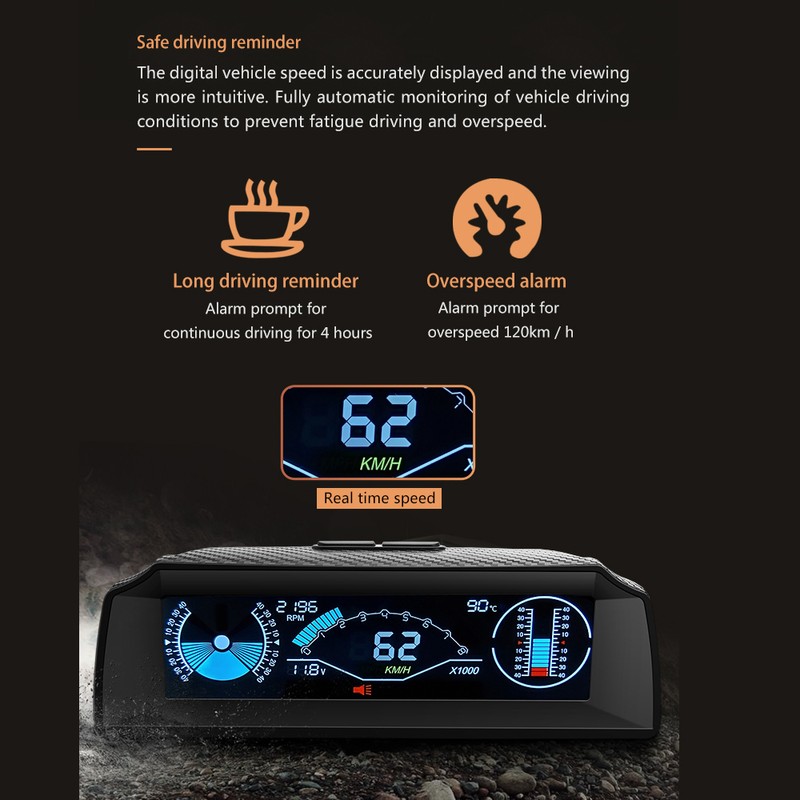 Car Headup Display LCD Digital Speedometer Multifunctional Inclinometer Angle Slope