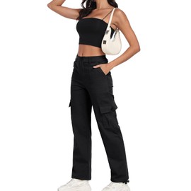 FREEOAK Women's Y2K Baggy Cargo Pants High-Waist Hiking Trousers with Elastic Band Relaxed Fit Wide Leg Pants Streetwear Size Small A - Black