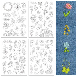 Peacoblue Wildflower Embroidery Pattern Sheets for Beginners, 4 Sheets with 77pcs, Wash Away Stabilizer for Hand Sewing, Adults