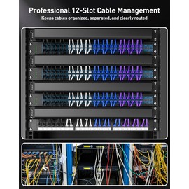 VCELINK 1U Server Rack Cable Management 12-Slot, 19" Carbon Steel Horizontal Network Cable Management for Network Cabinet, Black 2-Pack