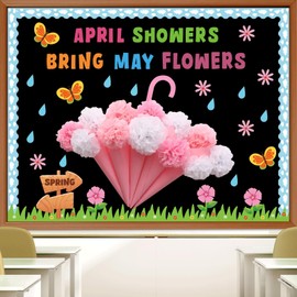 Naozinebi April Showers Bring May Flowers Bulletin Board with 3D Tissue Paper Pompoms Summer Floral Classroom Decoration Umbrella Clouds Flower Cutouts for Window Home Class School Nursery Supplies