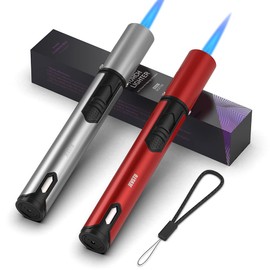 JEVSTU Butane Lighter, 2 Pack Torch Lighter with Fuel Level Window, Adjustable Fire Jet Torch Windproof Lighter Long for Grill Cooking Candle, Red & Silver (Gas not Included)
