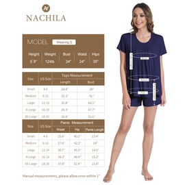 NACHILA Women's Pajamas-Viscose Made from Bamboo, Short Sleeve Sleepwear Cool Pajama Shorts Set Soft Pleated Crew Neck Pjs Navy Blue M