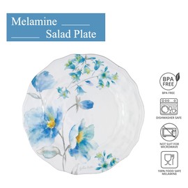 UPware Campanula Melamine Salad Plate Set, Flower Shaped Plates for Risotto, Pasta, and Salad, BPA-Free, Dishwasher Safe, Sky Blue, 8.75 Inch, Set of 6