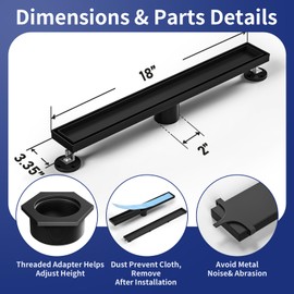 Bernkot Linear Shower Drain 18", Matte Black Floor Drain with Tiled Insert Grate & Hair Strainer, 304 Stainless Steel Bathroom 2-in-1 Tiled in Drain, CUPC Certified (Matte Black, 18'')