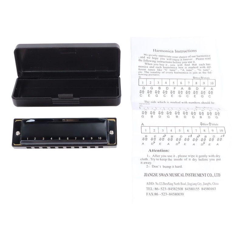 Black Harmonica C Key 10 Hole Blue Harp Stainless Steel
