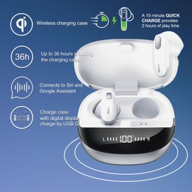 Mixx StreamBuds Charge 2 Hybrid True Wireless Earbuds, Bluetooth Wireless Earphones, 36 Hours Total Playtime, Digital Display, Hands-Free Calling, Qi Charging Compatible