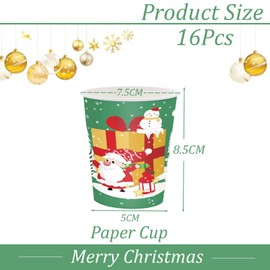 Christmas Party Paper Cups,16Pcs Green Winter Snowflakes Santa,Snowman,Elk,Gingerbread Man Disposable Paper Cups Christmas Tableware Decor for Winter Holiday Birthday Xmas Party Supplies Decorations