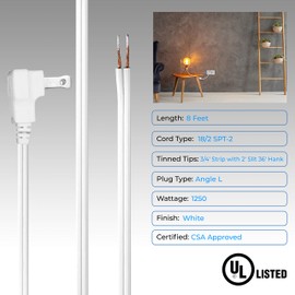 OhLectric Lamp Lighting Cord with Switch Set - 8 Feet Cord with Flat Plug Cord - Extension Cord Set for Electrical and Lighting Appliances - 18/2 SPT-2 Wire Electrical Cord Set - White - OL-40267