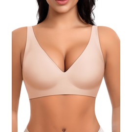 Ganado Deep V Wireless Bras for Women No Underwire Push Up Seamless Padded Comfort Bra Supportive Wirefree Bralette (Nude, Large)