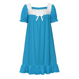 LQSZ Girls Nightgowns Puff Short Sleeve Princess Sleepwear Lace Victorian Blue Pajama Night Dress Little Girl 5 6T