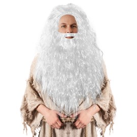 Skeleteen White Wig and Beard – Long White Dress Up Costume Accessories Curly Hair Wig for Kids and Adults