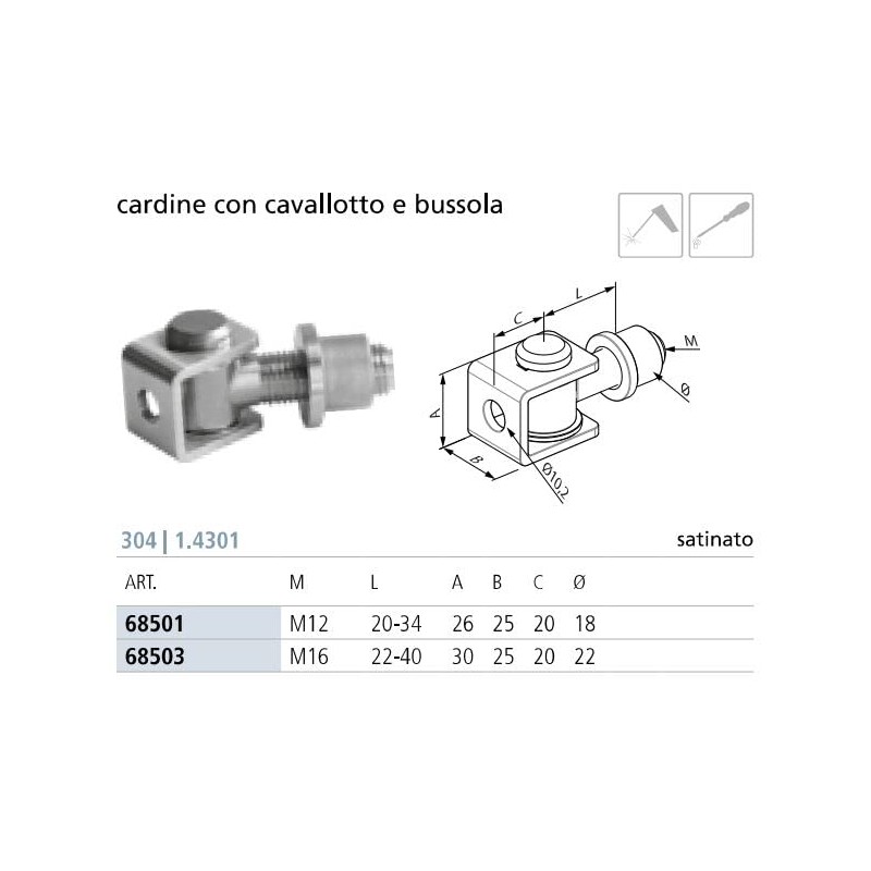 CARDINE INOX AISI 304 CON CAVALLETTO E BUSSOLA - M16