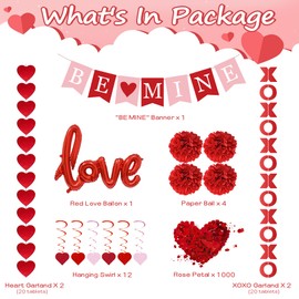 DIMIGHT Red Valentine's Day Decoration Set, BE MINE Banner, Love Heart XO Garlands, Rose Petals, Hanging Swirls, Foil Love Balloons For Party Home Classroom Wedding Bedroom Office