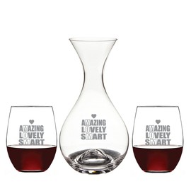 Amazing Lovely Smart Mom Deep Etched Wine Decanter and 15-ounce Stemless Wine Glass (Set of 3)