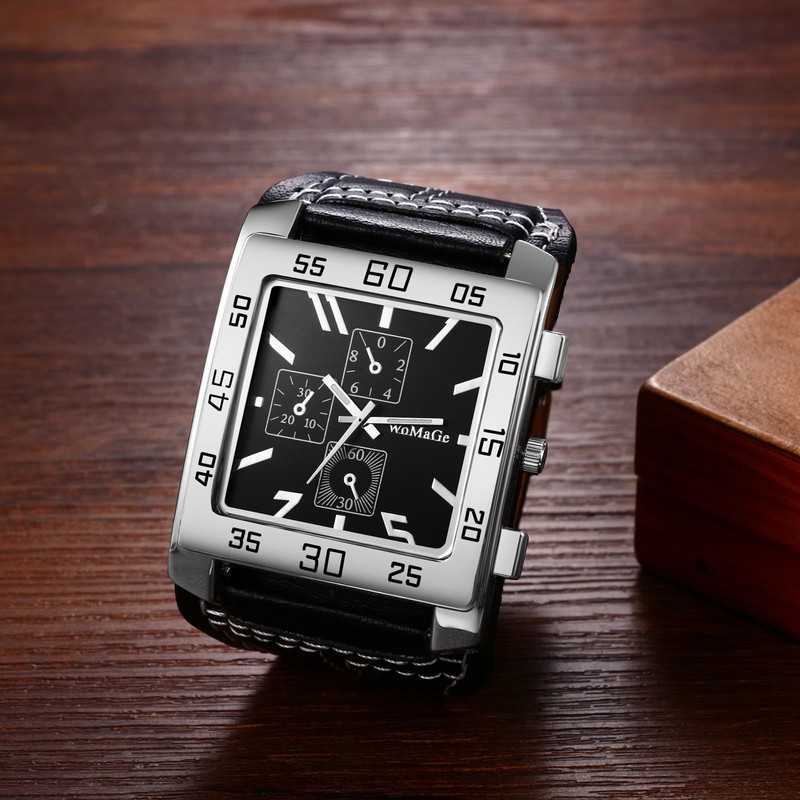 Avaner Men's Square Watch, Oversize Steampunk Watch, Leather Strap Big
