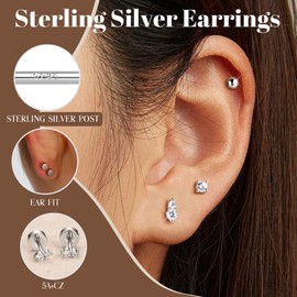 JeweBella 3 Pairs Sterling Silver Stud Earrings Set for Women 14K Gold Plated Small Stud Earrings Silver Gold Stackable Dainty Flat Back Earrings for Conch Cartilage Tragus Helix Piercing