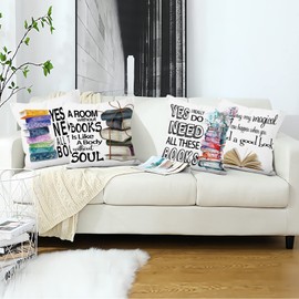 Aoihrraan 18 x 18 Inch Book Cushion Covers Need All These Books White Soft Short Plush Square Throw Pillow Covers Decor For Read Room School Office Sofa Library Outdoor Garden Couch, 45x45cm Set of 4