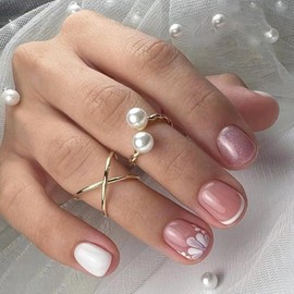 French Tip False Nails Short - 24Pcs Natural French Aurora White Flower Tips Nail - Press on Nails Square - Full Cover Pink Stick on Nails for Women Girls Nails Art