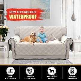 PrinceDeco 100% Waterproof Loveseat Covers for 2 Cushion Couch Sofa Covers Waterproof and Washable Sofa Slipcover with Side Pocket Furniture Protector with Elastic Straps(Loveseat 48", French Oak)