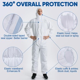 TICONN Hazmat Suit Disposable Coveralls, 5 Size Options, Full Body Protective Lab Coveralls with Hood, Breathable Paint Suit PPE for Men Women, Industrial Use (L, 1PK)