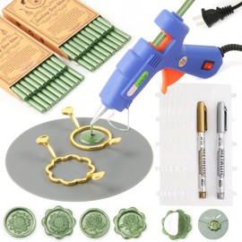 Wax Seal Kits, WASOHLING 40Pcs Sealing Wax Sticks with Glue Gun, Wax Seal Molds, Silicone Waxing Mat, Wax Pens, Sealing Wax Kit for Wedding Invitations Envelopes Cards (Pine Green)
