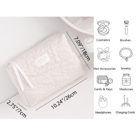 Kallsi Makeup Bag for Women, Quilted Cosmetic Bag, Travel Pouch, Cute Make Up Bags Organizer, Preppy Toiletry Bag with Zipper White