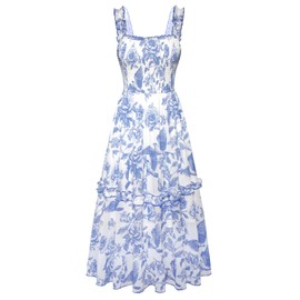 Floral Dresses for Women Ruffle Riered Vacation Smocked Summer Dress Blue 2XL
