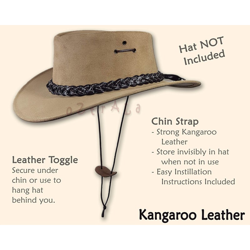 Oztrala~Chin-Strap Kangaroo Leather Jacaru Australian Mens Cowboy Hat Chinstrap (TAN)
