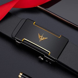 VANNANBA Cinturón de trinquete de diseño para hombre, hebilla automática, cinturones de cuero de trinquete para hombre, con caja de regalo, Oro, 36"-39" Waist Adjustable