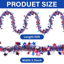 SHUYITT 50FT 4th of July Red White and Blue Garland Patriotic Garland Hanging Twist Tinsel for Independence Day Memorial Day Outdoor Decoration