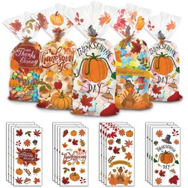Hying 100PCS Thanksgiving Cellophane Treat Bags for Candy Cookie, Pumpkin Candy With Twist-Ties Maple Leaves Harvest Fall Goody for Autumn Party Favors Supplies Decor