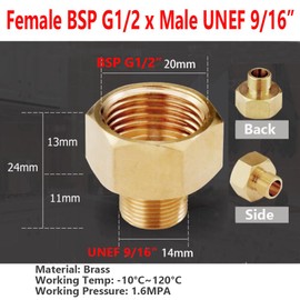 Brass Tap Adapter, Pipe Fitting Converter EU G1/2 Thread to US 9/16-24 UNEF Thread Connection (Internal Thread G1/2 x Male Thread 14 mm A)