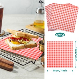 GeeRic Christmas Waxed Deli Paper Sheets 7 * 7 Inch for Food Wrapping, 200 Pcs Food Basket Liners for Sandwiches Burgers X'Mas Treats Wrap Wax Papers Gingham Red