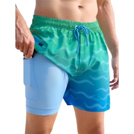 APTRO Men’s Swimming Shorts with Compression Liner Men Swim Shorts 2 in 1 Swim Trunks with Zipper Pockets Gradient Green Blue MK043 L