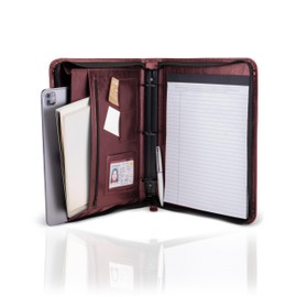 Travigo 3-Ring Zipper Business Leather Portfolio folder| 1.25" 3-Ring Binder Professional Business Folder Resume Document Organizer|Exterior Pocket | Guesseted File Pocket|8-1-2" Writing Pad(Burgundy)