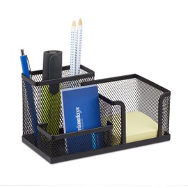 Relaxdays Schreibtischorganizer, Büroablage mit Stiftehalter und Zettelhalter, Metall Mesh, HBT: 10x18,5x9,5cm, schwarz