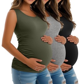 Riyiper 3 Pack Women's Maternity Tank Tops, Sleeveless Cotton Pregnancy Shirts Ribbed Knit Sides Ruched Basic Mama Clothes(Black, Light Gray, Light Army Green,X-Large)