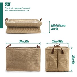 Spesh Jute Storage Basket with Handles, 38 * 27 * 28cm Collapsible Natural Woven Organiser Box Square Jute Storage Bin for Shelves Bathroom Wardrobes(Fine Texture)