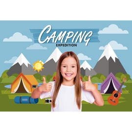 Camping Adventure Backdrop Cartoon Forest Mountain Scenery Camping Expedition Photography Background Outdoor Campfire Camper Tent Backdrop Hiking Climbing Sign Guitar Background 7x5ft