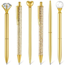 Qeeenar Juego de 6 Bolígrafos de Bola con Diamantes de Cristal Metálico para Diario, Papelería Bonita y Brillante, Tinta Negra, Regalos Elegantes para