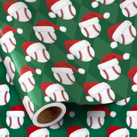 RUSPEPA Christmas Baseball Wrapping Paper Roll for Boys, Mini Roll, Baseball with Santa Hat Design, Green Sports Gift Wrap for Fans Holiday Party, Sports Theme, 17 Inches x 16.4 Feet