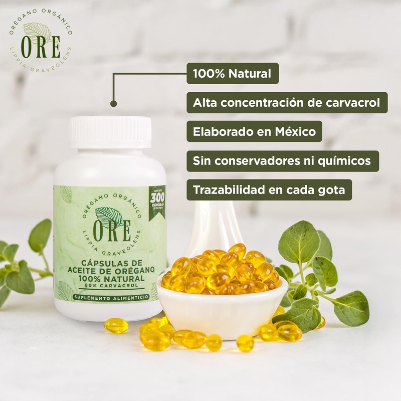 ORE Cápsulas de Orégano Silvestre 300 piezas 80% Carvacrol |