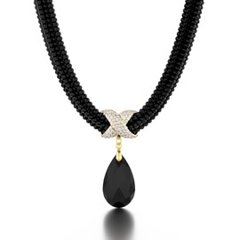 ZFAIRY Crystal Statement Necklace, Black Beaded Choker with Teardrop Pendant, Gold-Tone Chain (black)